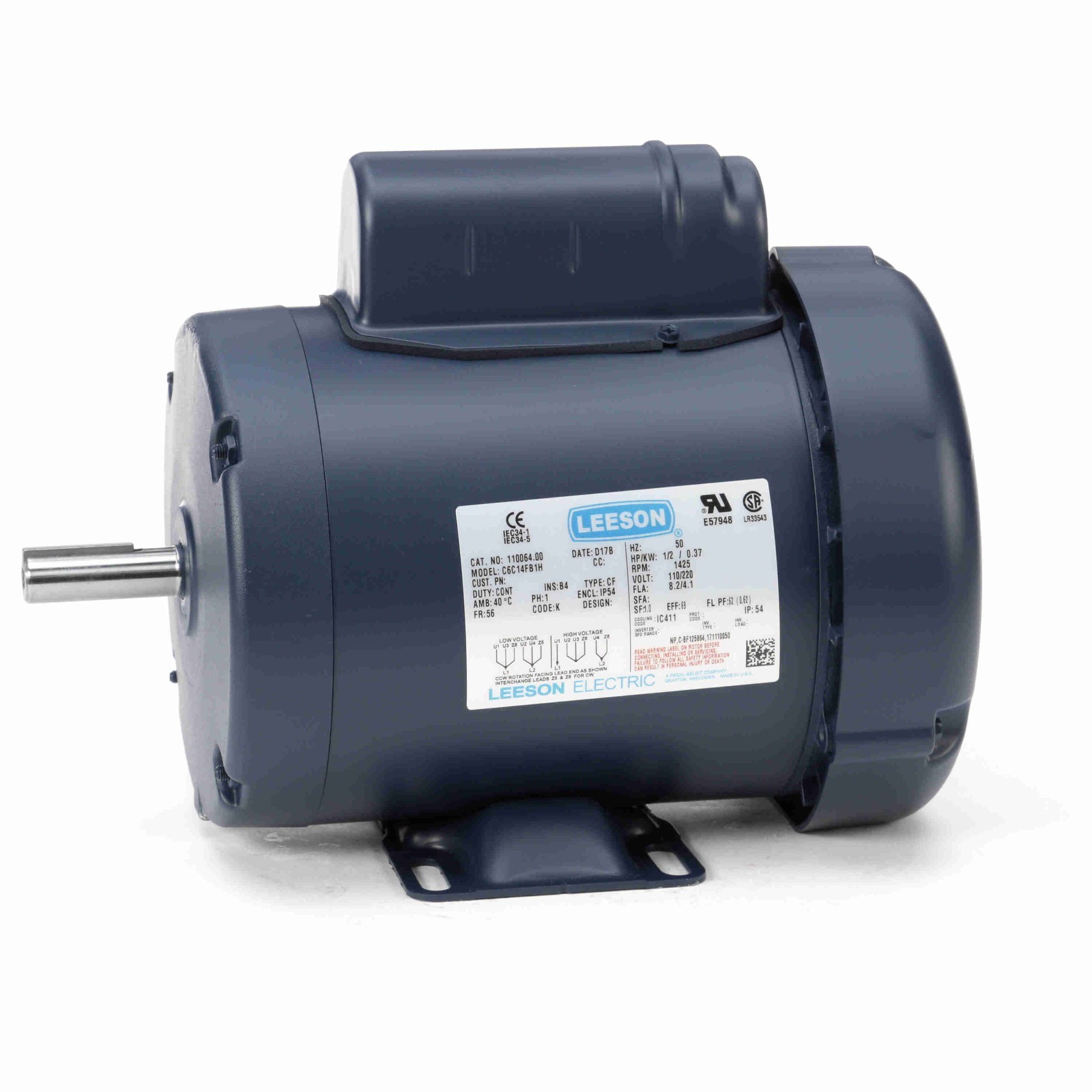 Leeson 110064.00 Special Voltage Motor, 0.50 HP, 1 Phase, 50 Hz, 110/220V Leeson 110064.00 Special Voltage Motor, 0.50 HP, 1 Phase, 50 Hz, 110/220V