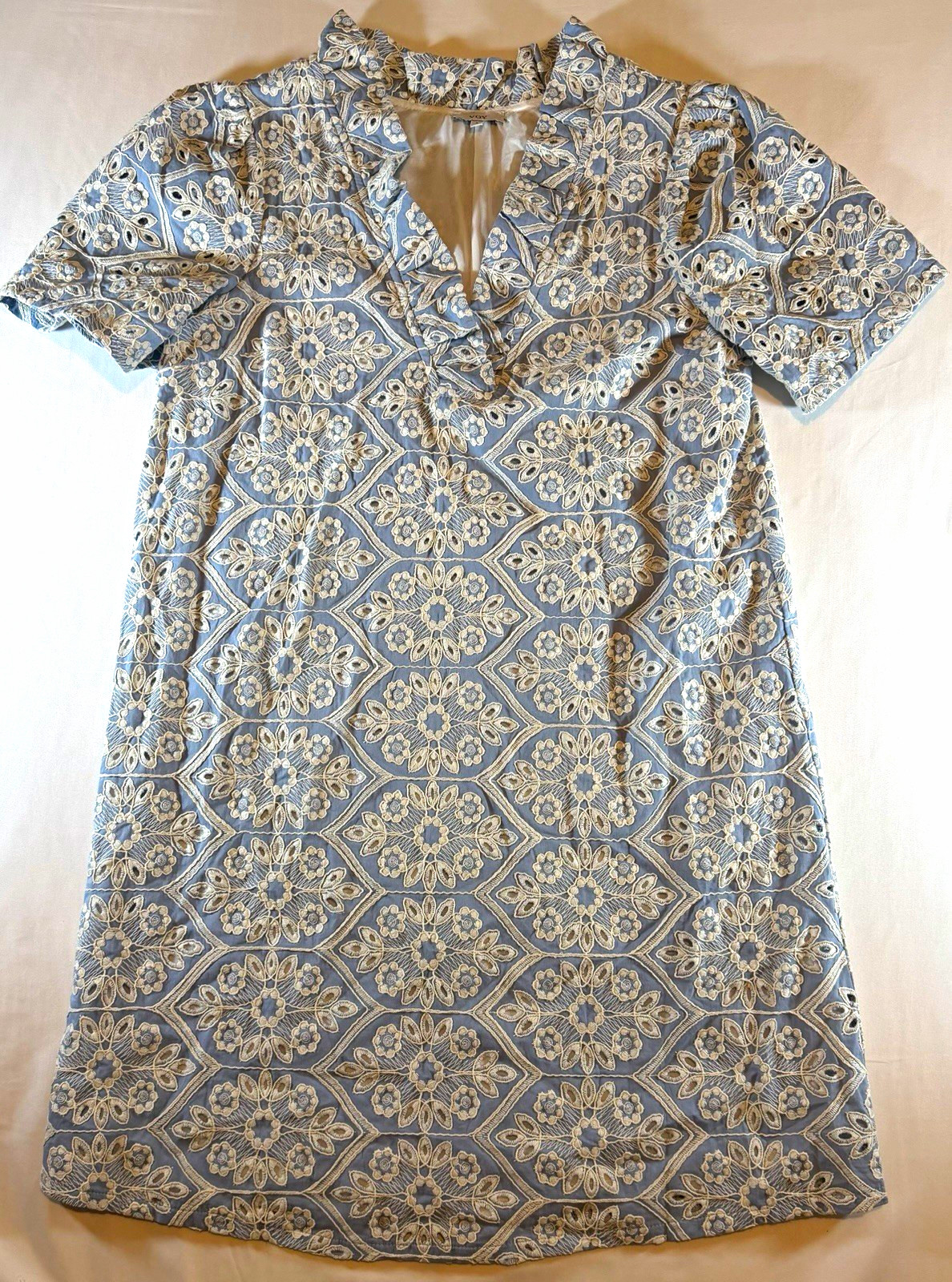 VOY Women\'s Shift Dress Floral Embroidered V-Neck Short Sleeve Knee Small#544414