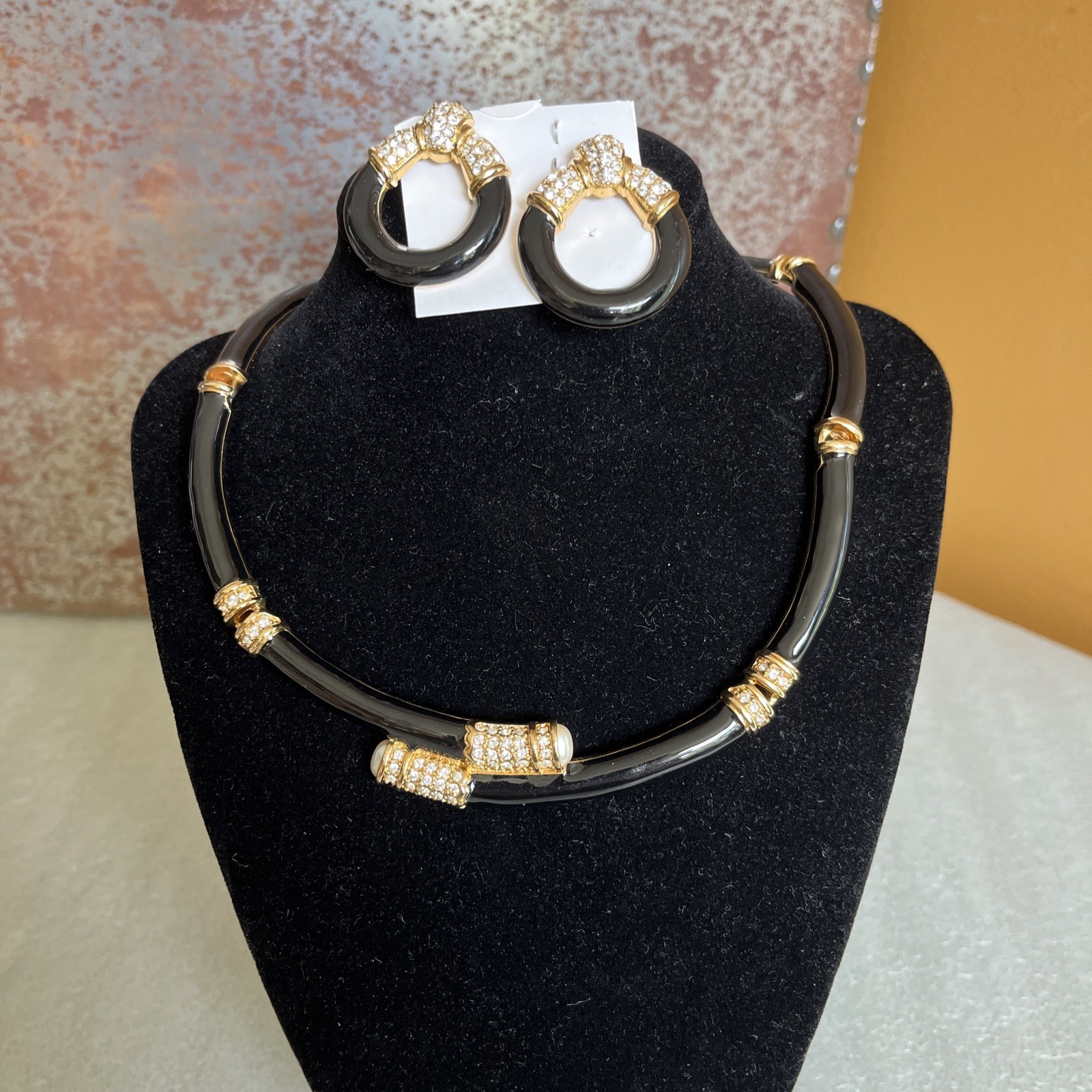 Swarovski Black Enamel Gold Tone w/Clear Crystal Necklace & Pierced Earring Set Swarovski Black Enamel Gold Tone w/Clear Crystal Necklace & Pierced Earring Set