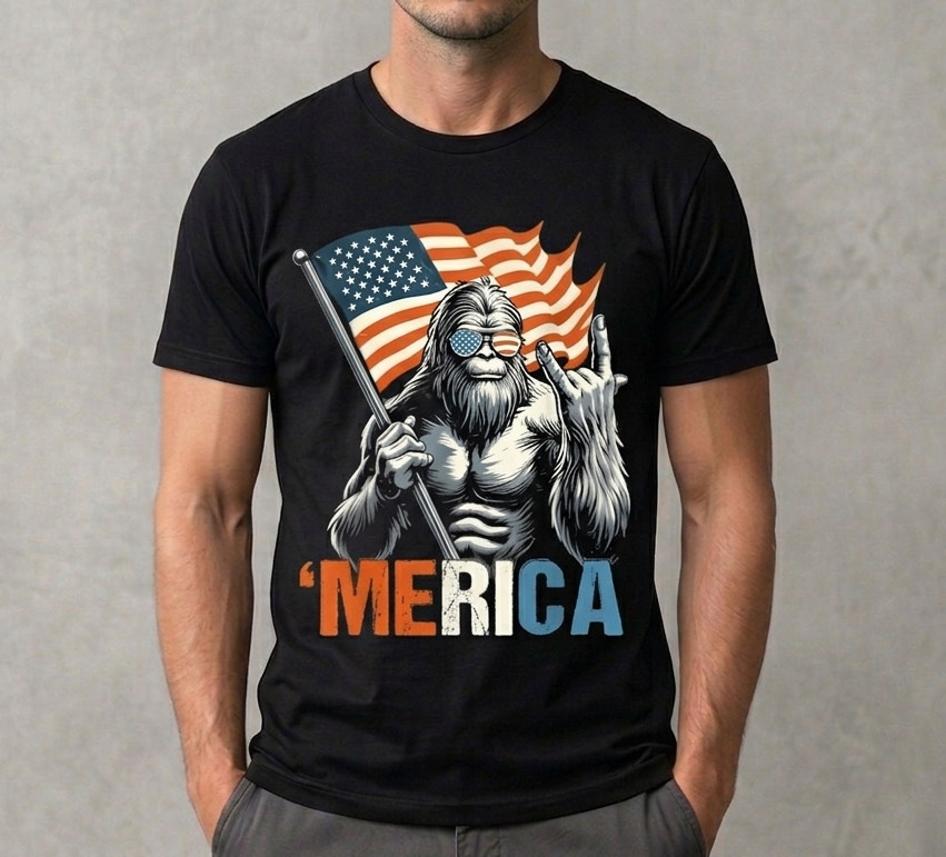 \'Merica Bigfoot T-Shirt – Patriotic Rock On Sasquatch & Flag Graphic Tee 