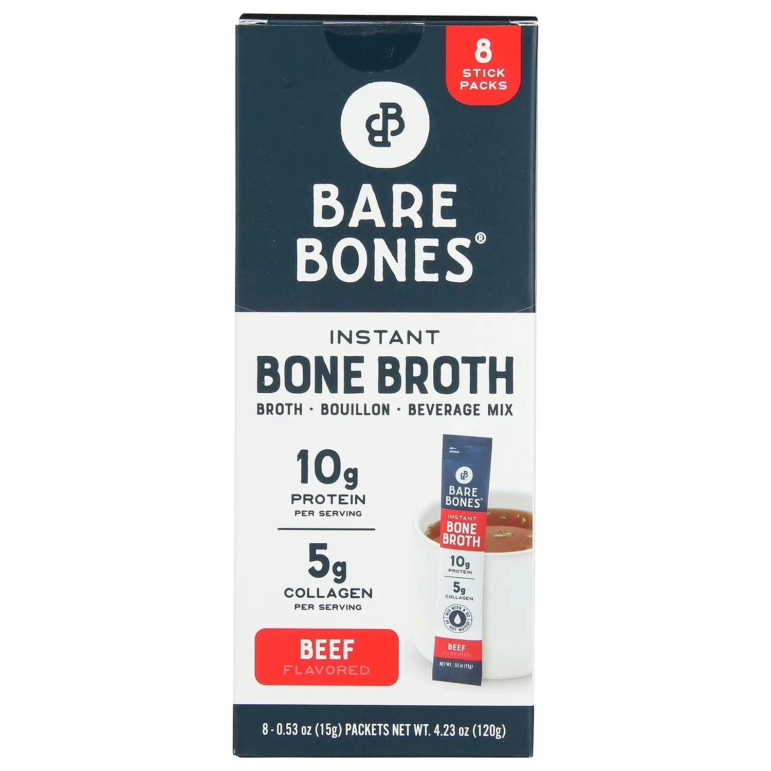Bare Bones Instant Beef Bone Broth Sticks, 10G Protein, 4.23 oz, 8 Count