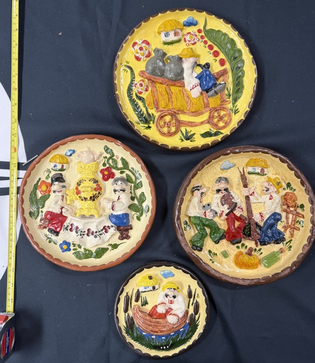4 Ukrainian Decorative Clay Detail Figure Plates Handmade Rare Folk Art Village 4 Ukrainian Decorative Clay Detail Figure Plates Handmade Rare Folk Art Village