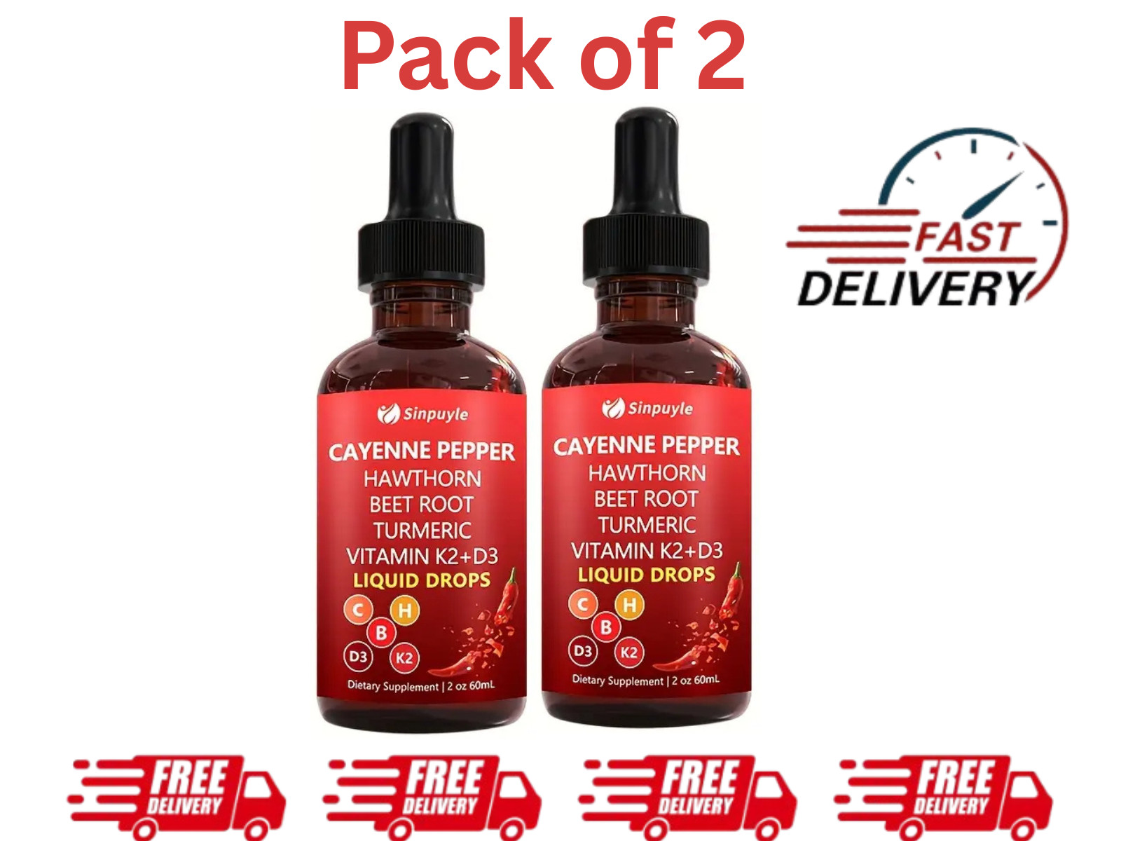 2Oz Cayenne Pepper Hawthorn Beet Root Turmeric Drops W/ Vitamin K2 + D3 – 2 Pack