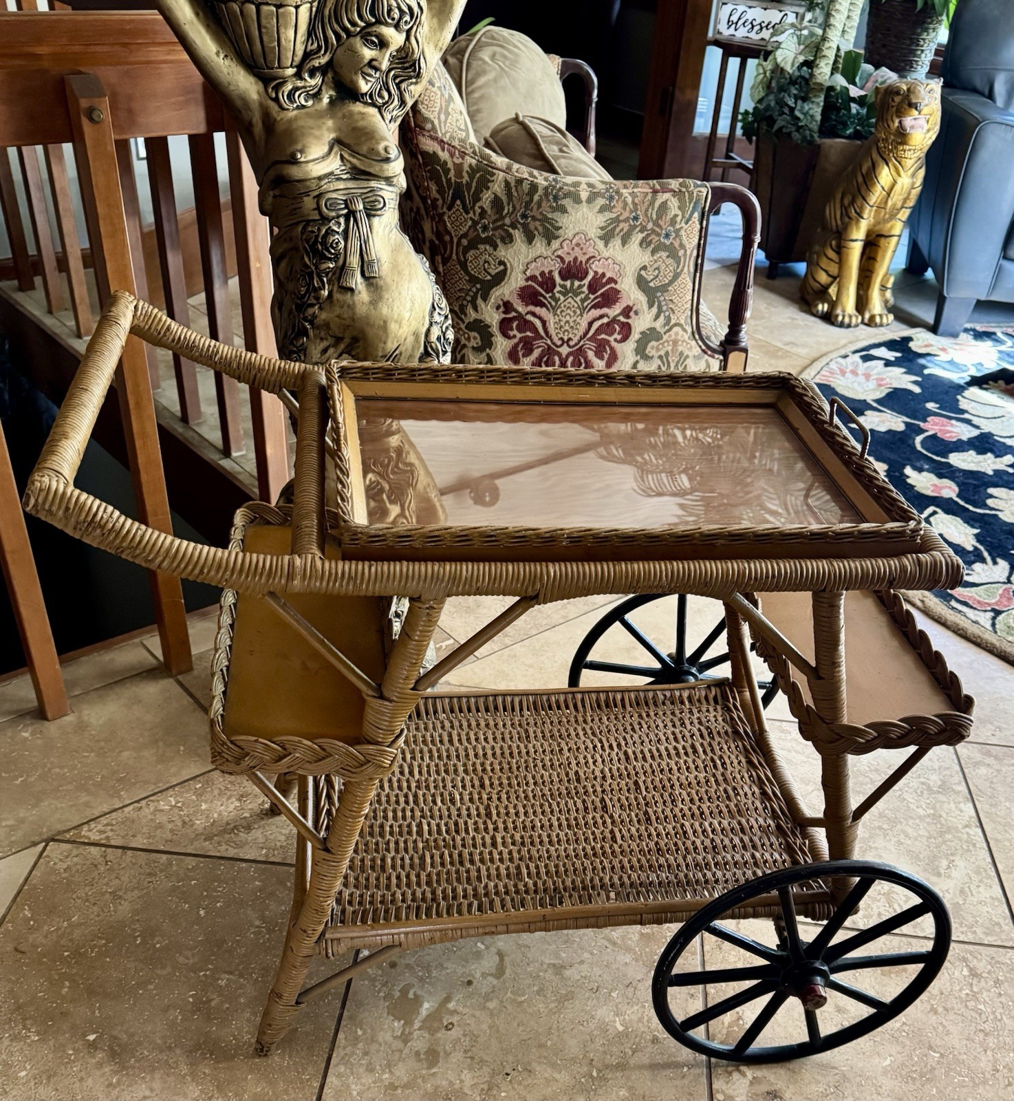 Antique Heywood Wakefield Wicker Rattan Bar Tea Serving Cart Removable Tray
