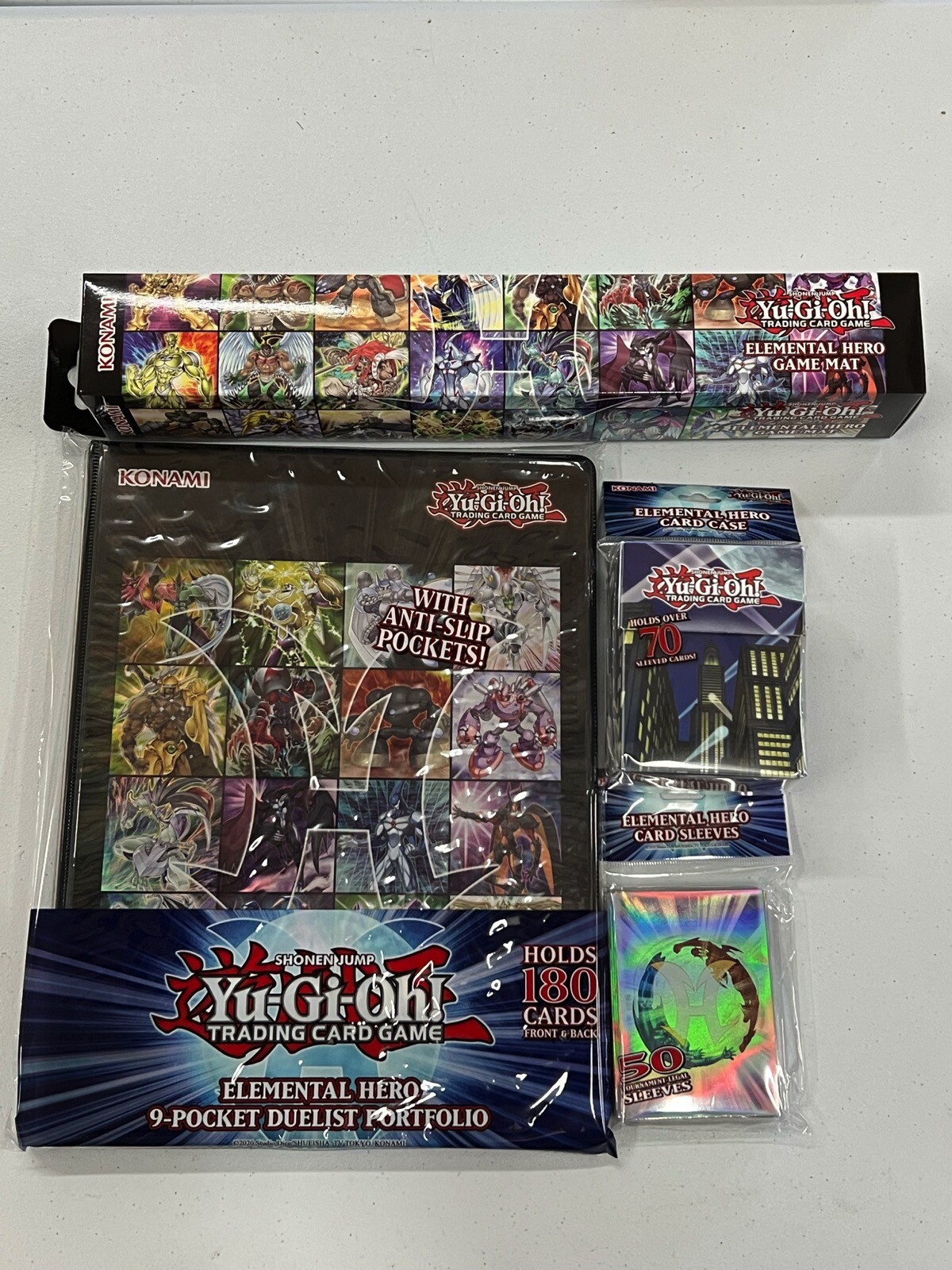 Yugioh Official Konami ELEMENTAL HERO Accessory Bundle Mat Sleeves Deck Box Mat