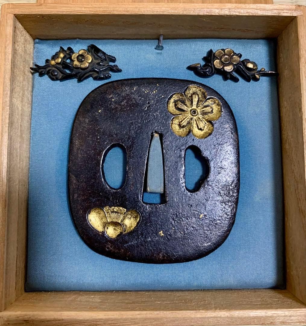 Antique Japanese Iron Tsuba Higo Edo Period Gold Zogan Plum Sword Guard Antique Japanese Iron Tsuba Higo Edo Period Gold Zogan Plum Sword Guard
