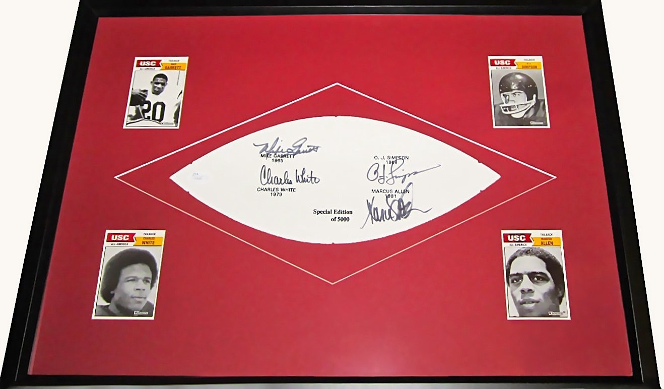 OJ Simpson Marcus Allen Mike Garrett Charles White signed USC Heisman framed JSA OJ Simpson Marcus Allen Mike Garrett Charles White signed USC Heisman framed JSA