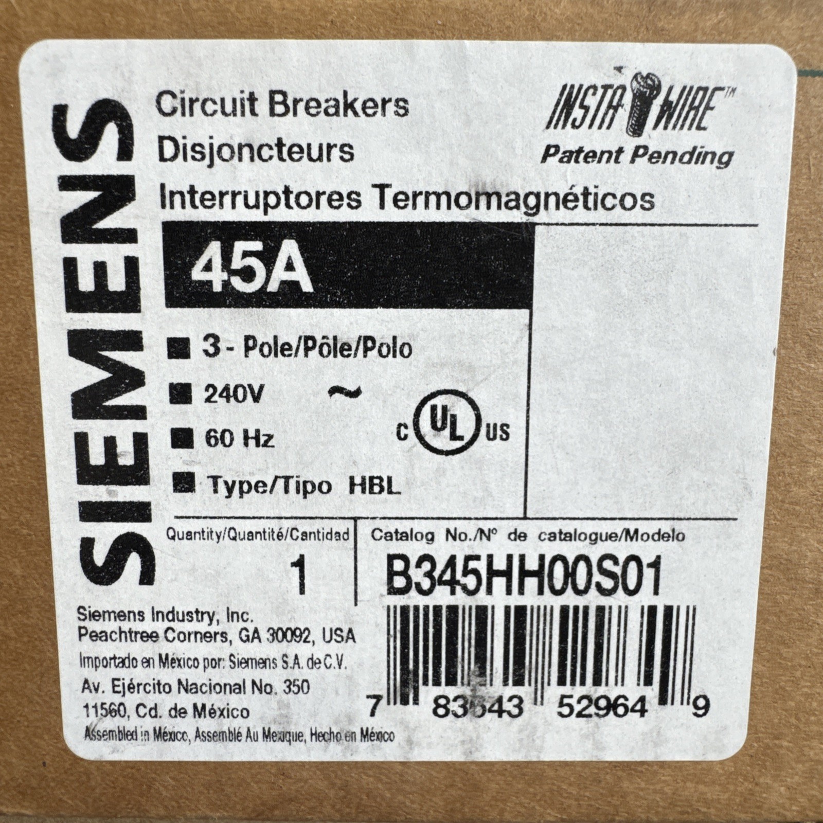 Siemens B345HH00S01 3 pole 45 amp 65kA 240v Bolt on Shunt Trip Breaker