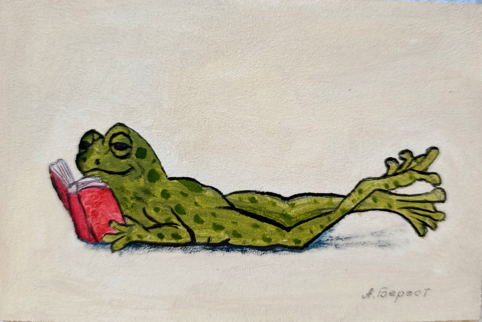 Original Frog Oil Painting Reading Book Framed 6x4 Wood Panel Signed Handmade