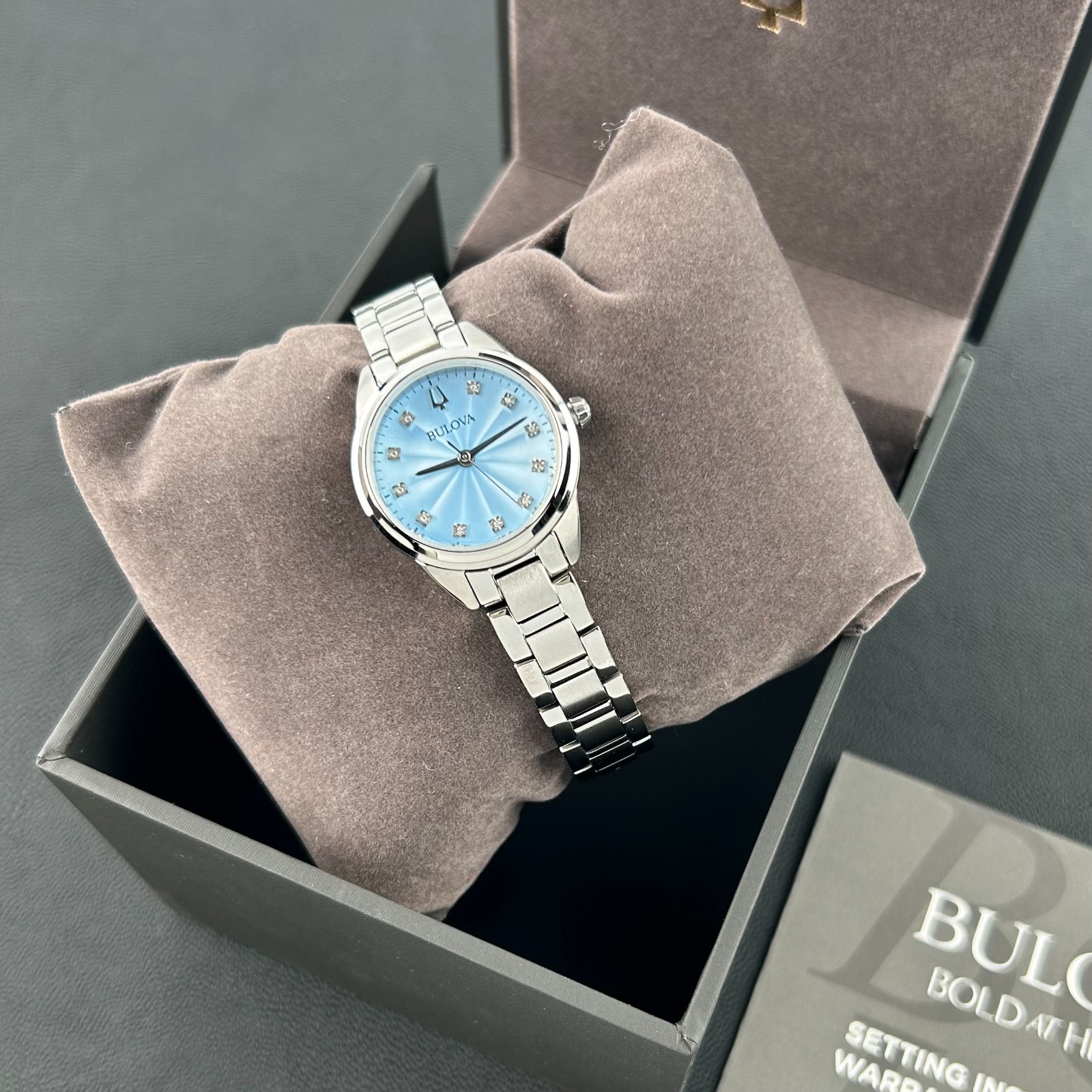 New w/box Bulova Sutton Diamond Blue Dial Women\'s 28mm Quartz Watch 96P250