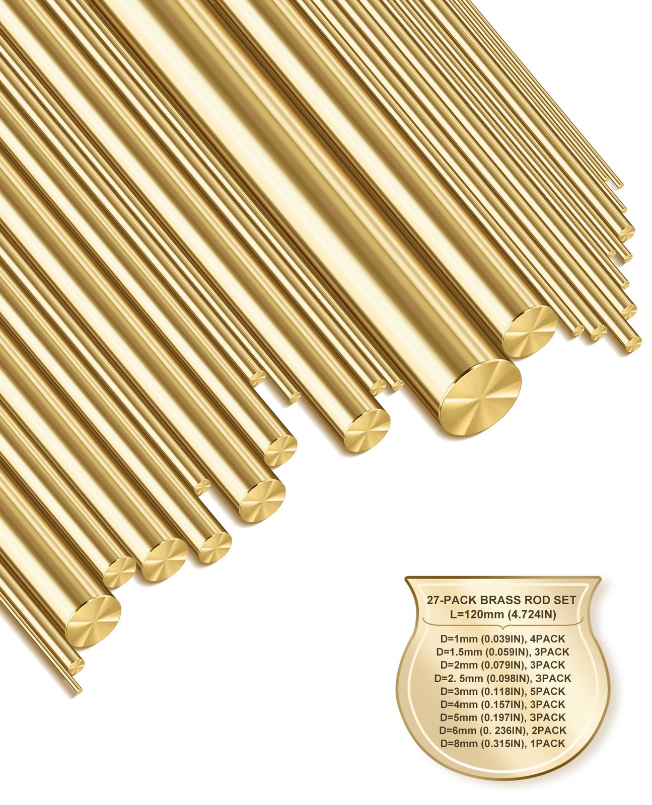 27 PCS Solid Brass Rods Assortment – 9 Sizes (1mm–8mm Diameter), 120mm Length