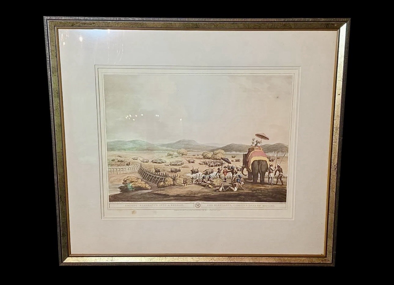 1805 Edward Orme Driving Elephants Into a Keddah Hand-Colored Aquatint Framed