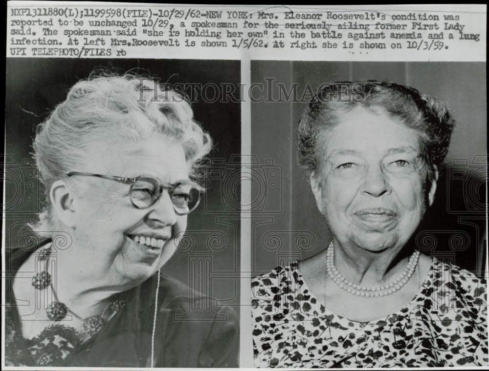 1959 Press Photo Former First Lady Eleanor Roosevelt Reported Battling Sickness