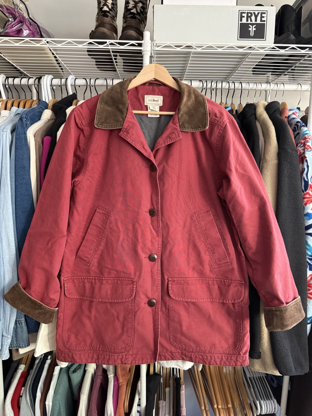 LL Bean Womens Barn Coat Red Canvas Chore Jacket Flannel Lined Large LL Bean Womens Barn Coat Red Canvas Chore Jacket Flannel Lined Large