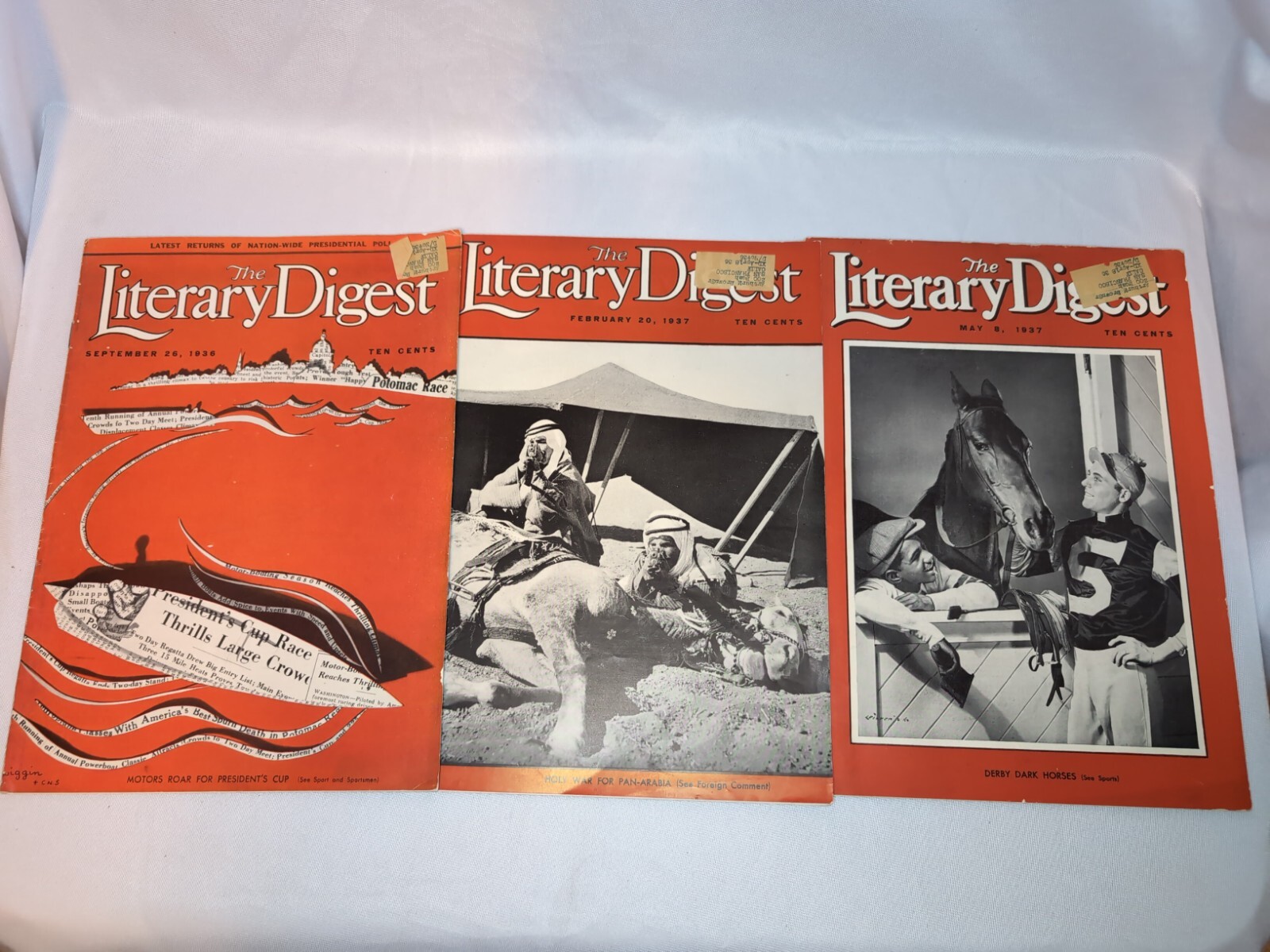 Lot 3 Vtg 1936-37 THE LITERARY DIGEST Magazine Ads Derby Holy War Presidents Cup