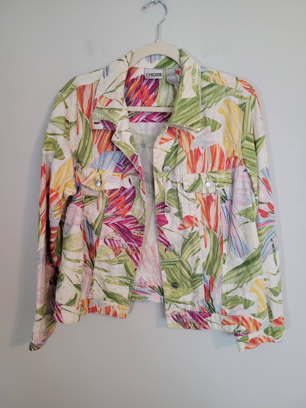 Chico\'s Size 2 Abstract Tropical Floral Print Linen Cotton Jacket Women\'s Chico\'s Size 2 Abstract Tropical Floral Print Linen Cotton Jacket Women\'s
