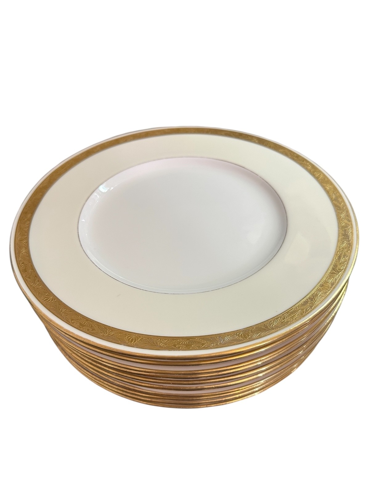 MINTON FOR TIFFANY NEW YORK GOLD ENCRUSTED CREAM DINNER PLATES SET OF 10 H3175 MINTON FOR TIFFANY NEW YORK GOLD ENCRUSTED CREAM DINNER PLATES SET OF 10 H3175