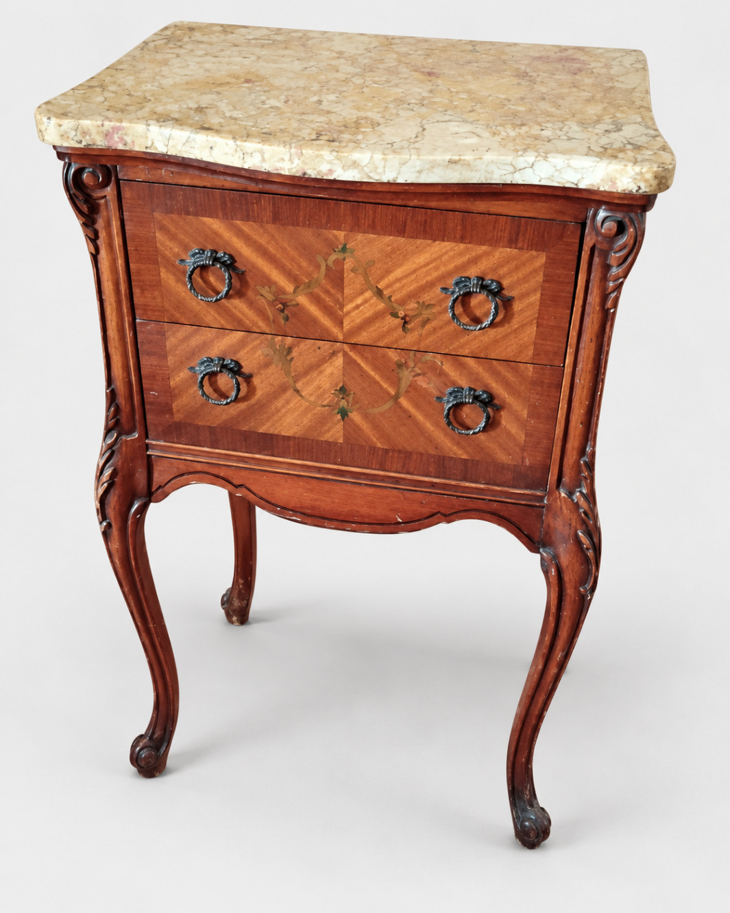 Antique French Rococo Style Commode Chest 2-Drawer Inlaid Wood Marble Top