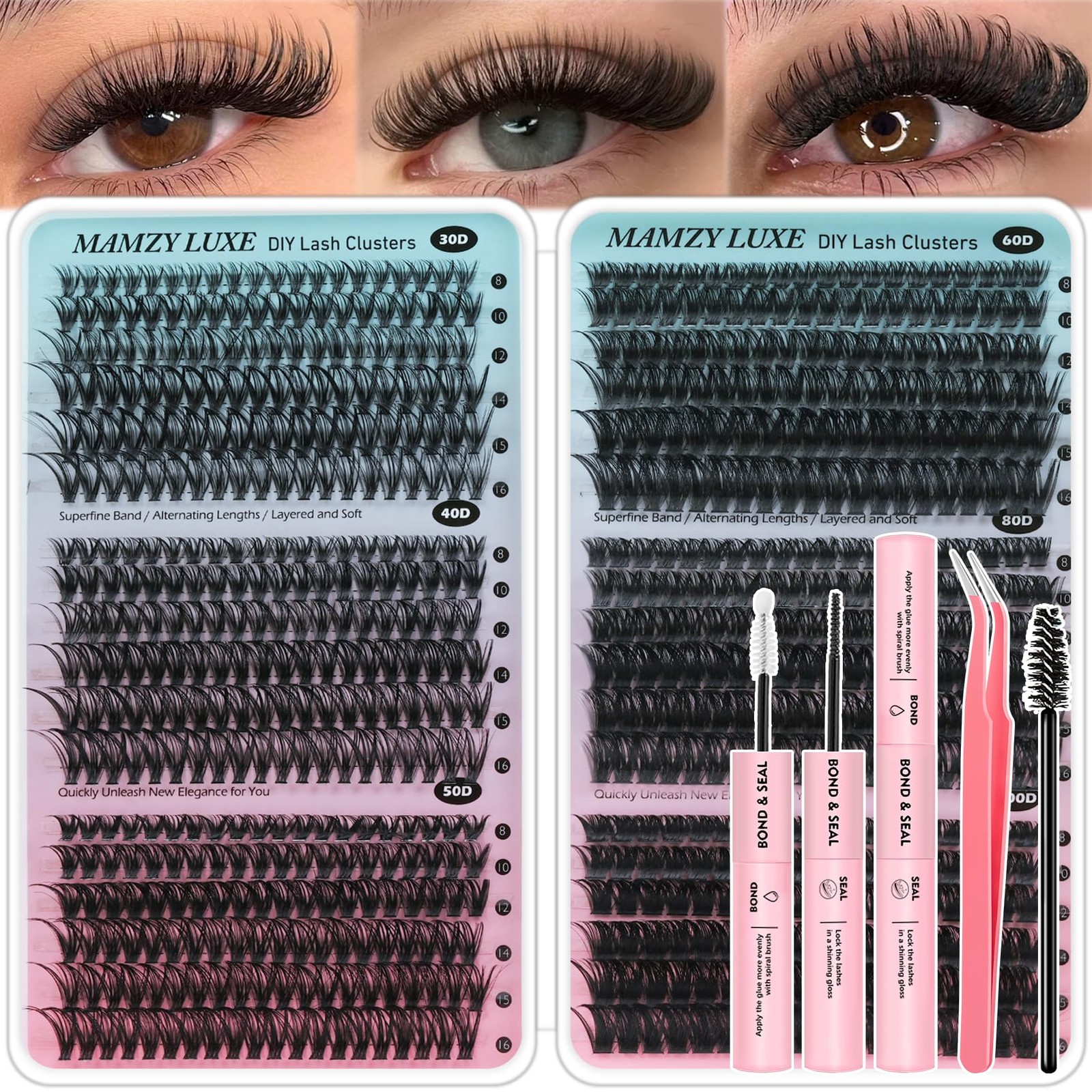 Lash Clusters Kit 708pcs 30D-100D Wispy Extensions 10-16mm, Bond & Seal Lash Clusters Kit 708pcs 30D-100D Wispy Extensions 10-16mm, Bond & Seal