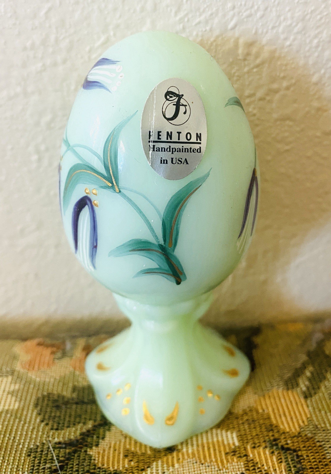 Vintage Fenton Art Glass Jadeite Egg  Butterfly Hand Painted Signed 4\