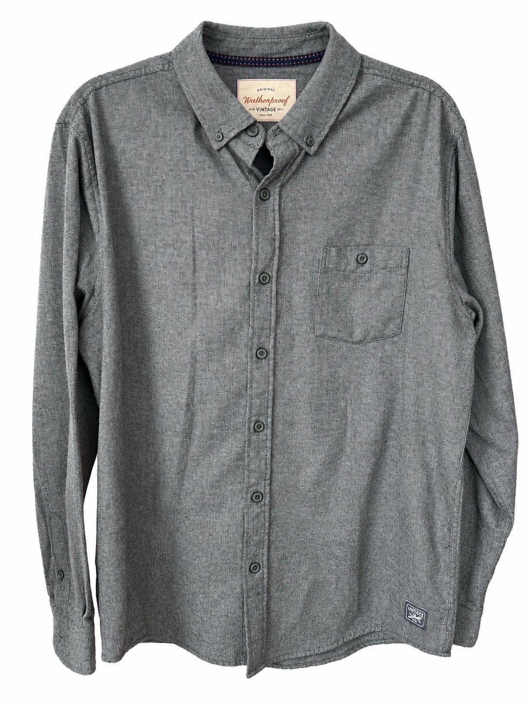 Weatherproof Vintage Men’s Large Gray Herringbone Button Down Shirt Long Sleeve