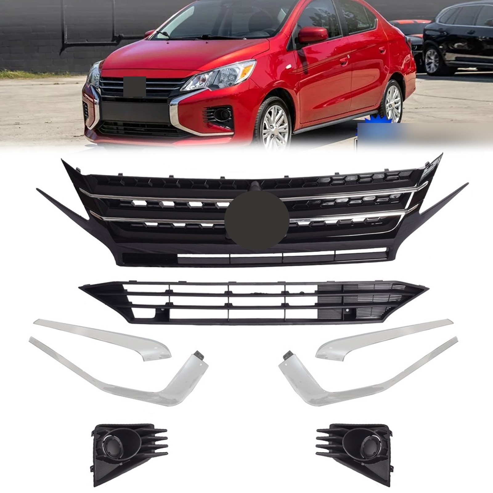 Fits 2021-2024 Mitsubishi Mirage Front Bumper Grille W/Trim&Fog Lamp Cover 8PCS Fits 2021-2024 Mitsubishi Mirage Front Bumper Grille W/Trim&Fog Lamp Cover 8PCS