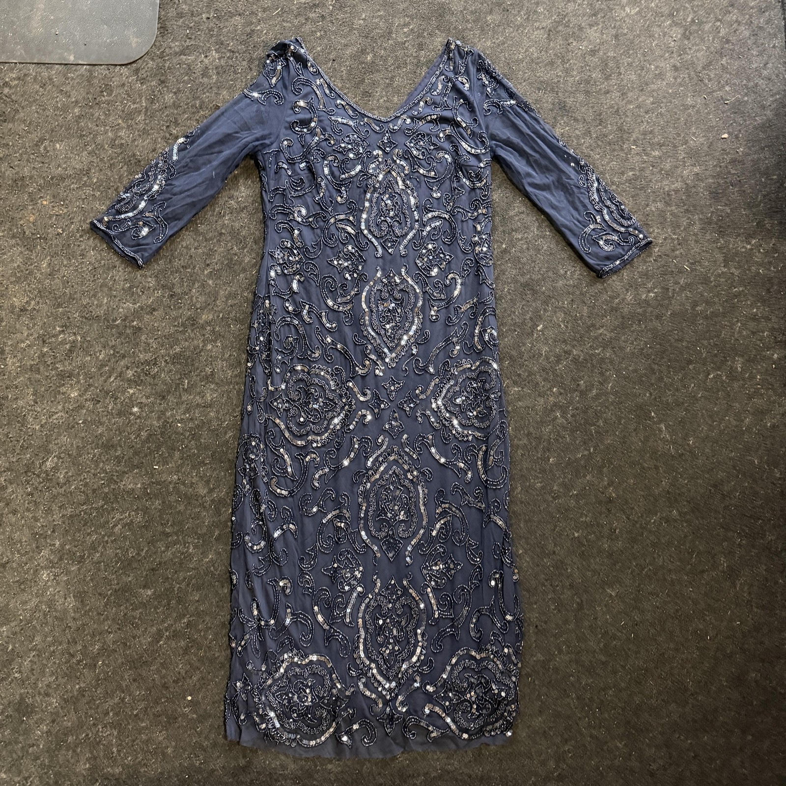 Pisarro Nights Dress Womens 14, Gray Beaded Sequin Mesh Maxi Gown, 3/4 Sleeve