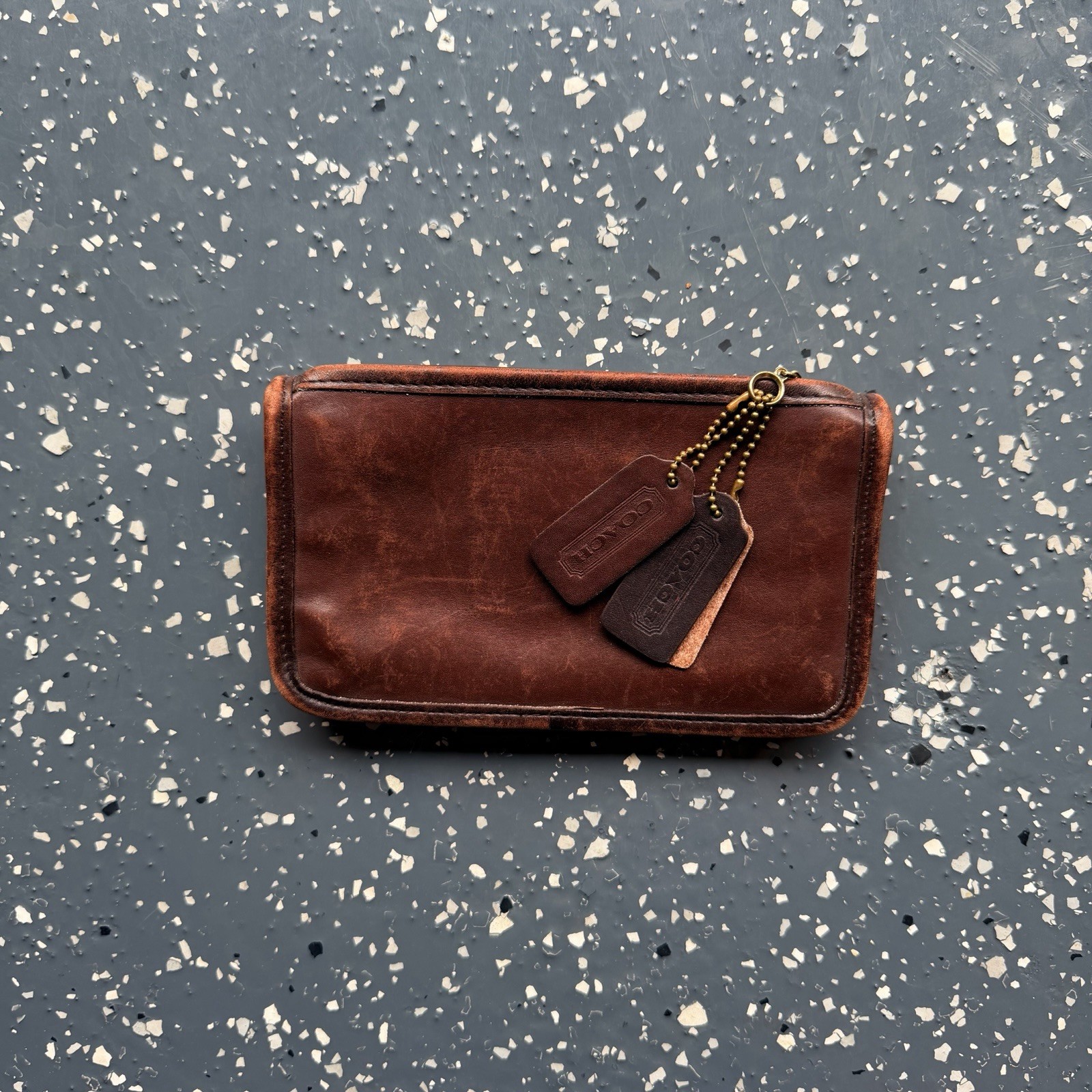 Vintage Coach Mahogany Brown Leather Cosmetic Case Zip Pouch Ticking Stripe Vintage Coach Mahogany Brown Leather Cosmetic Case Zip Pouch Ticking Stripe