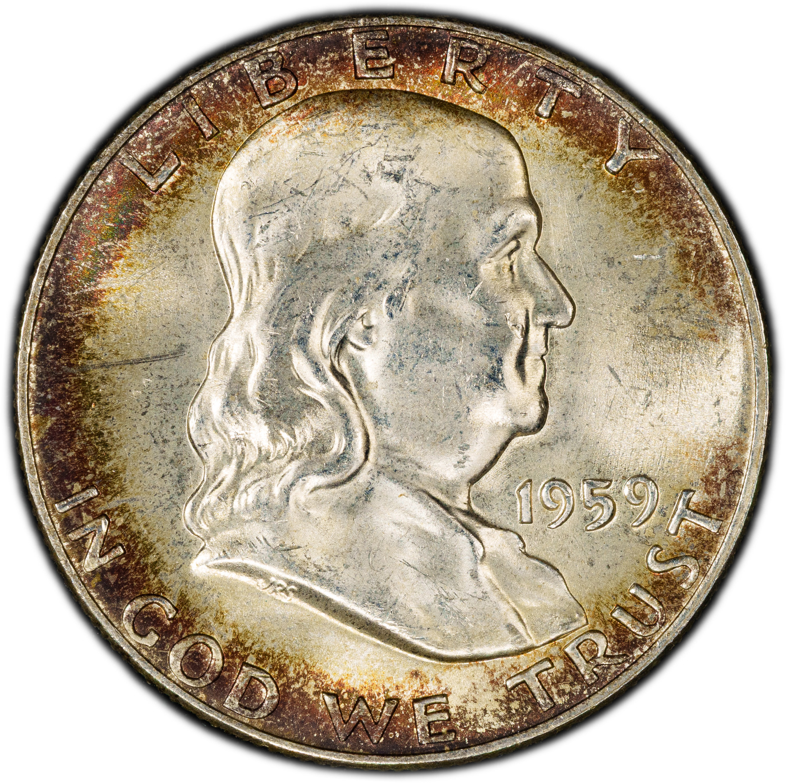 1959-D PCGS MS64 FBL Franklin Half Dollar w/ Gorgeous Rainbow Peripheral Toning