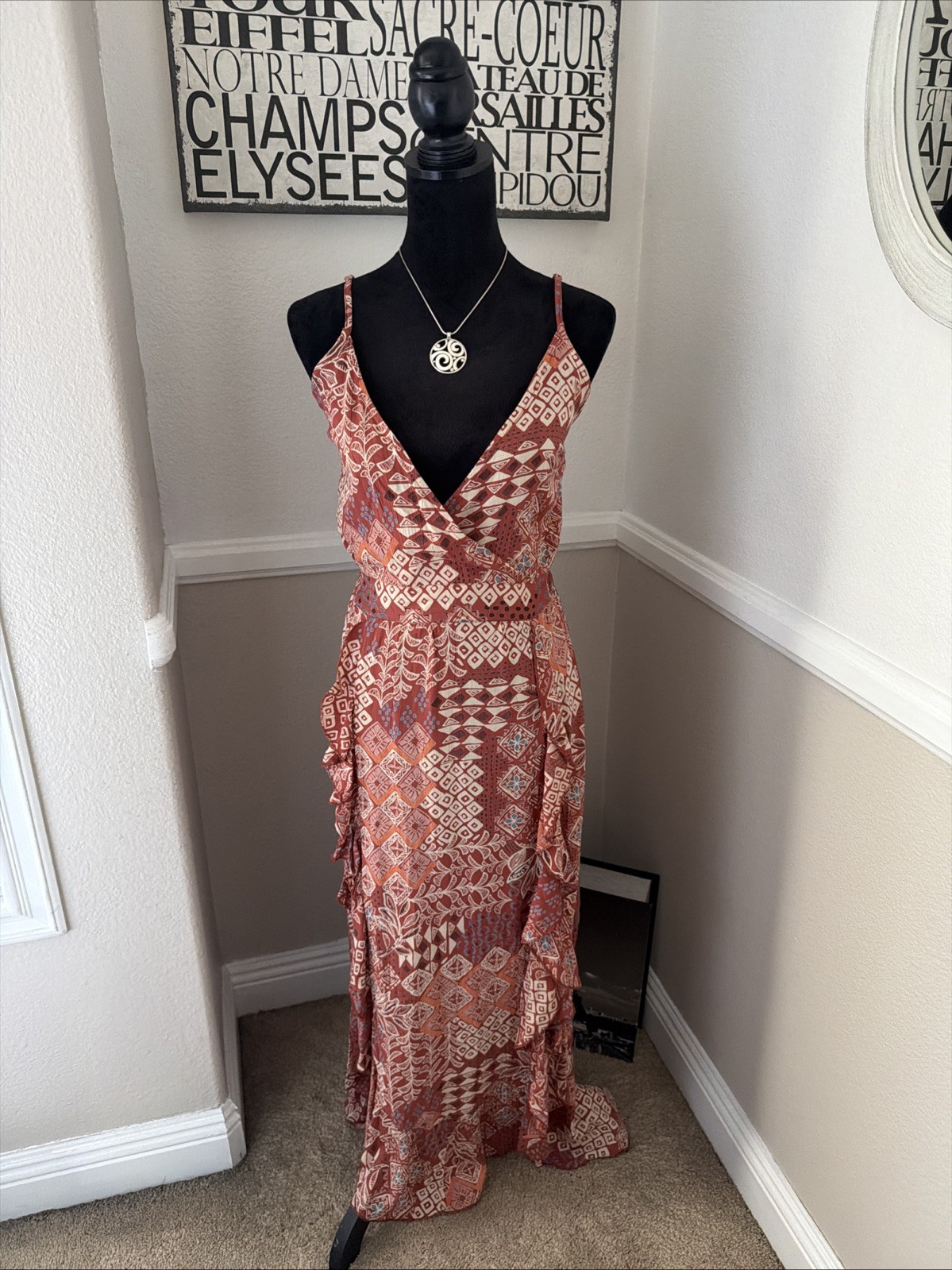NWT Angie Boho Cottage Floral Smocked Wrap Plunge Front Maxi Dress Brown $78 M
