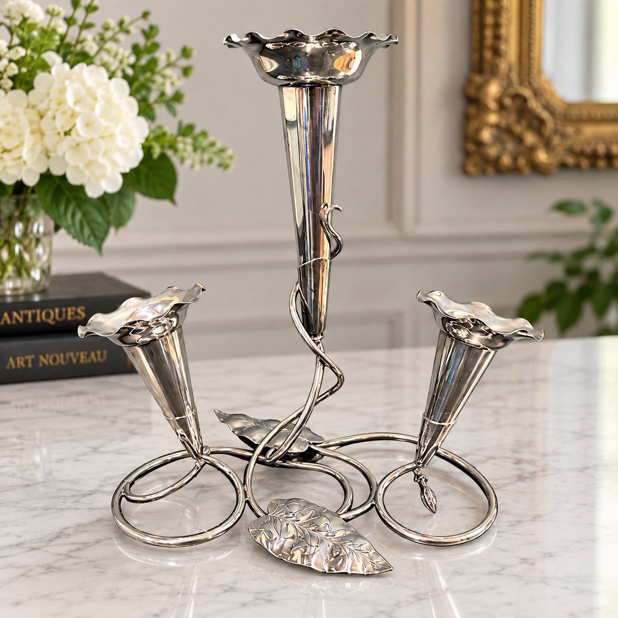 Antique c1901-1906 EPNS Silver Plate Epergne 3 Trumpet Vase Art Nouveau 11.5”