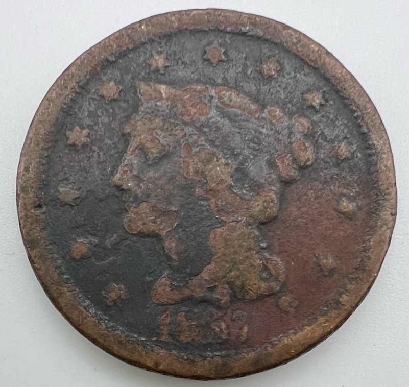 1857 Braided Hair Large Cent Small Date, Very Scarce Key Date, HEAVY CORROSION