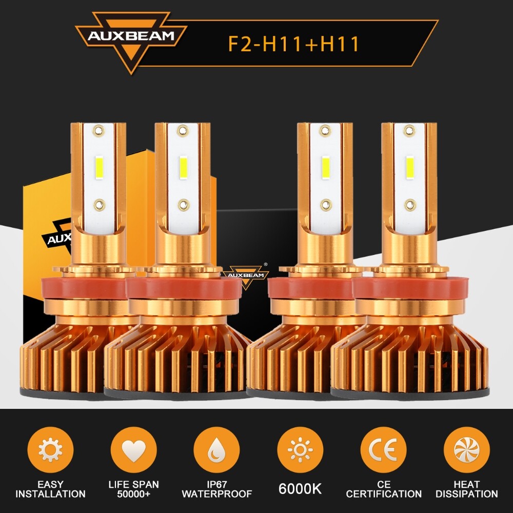 AUXBEAM H11 H9 High + Low Beam Combo LED Headlight Bulbs Kit 6500K Bright White