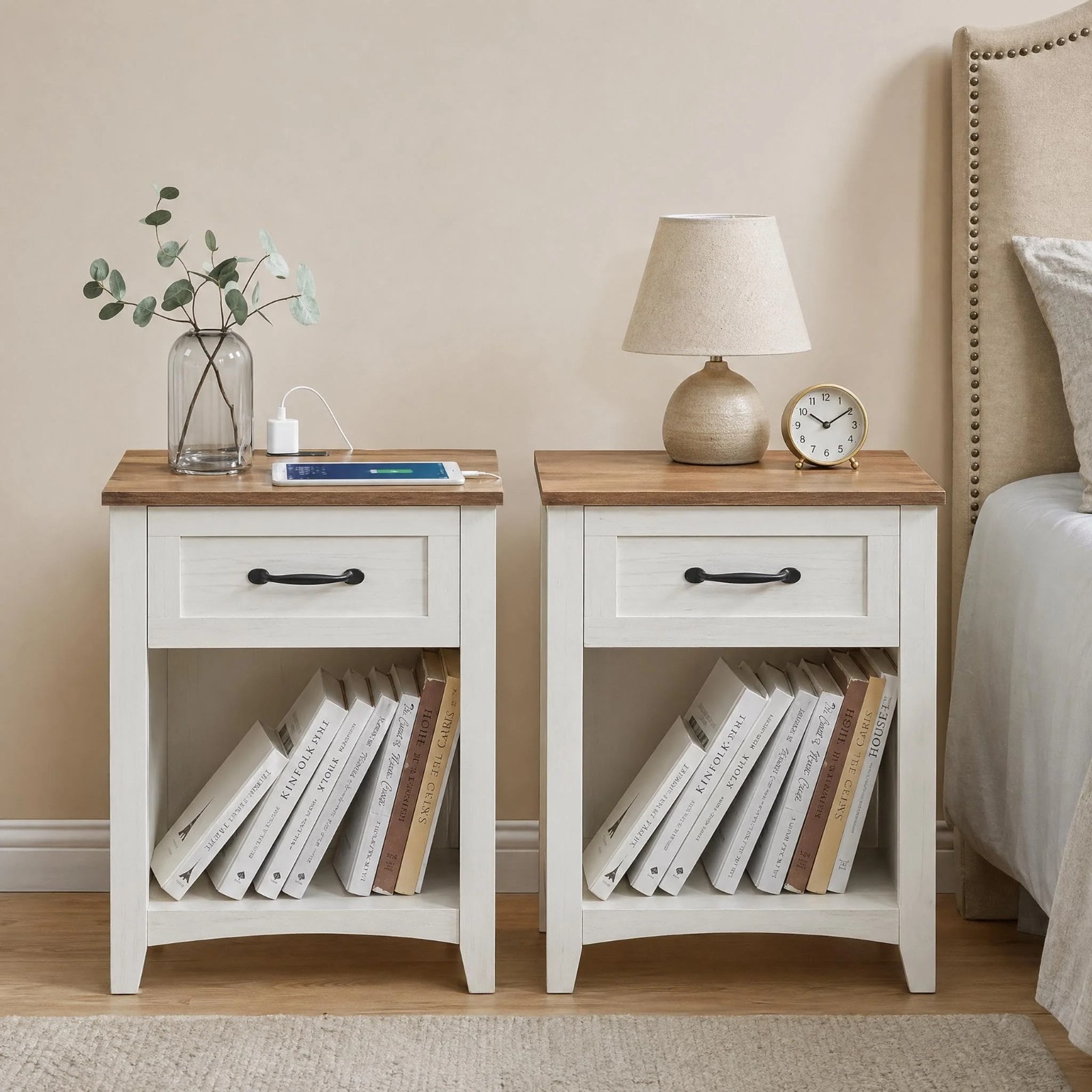 Garvee Set of 2 Farmhouse Nightstands with Charging Station Drawer & Shelf Garvee Set of 2 Farmhouse Nightstands with Charging Station Drawer & Shelf