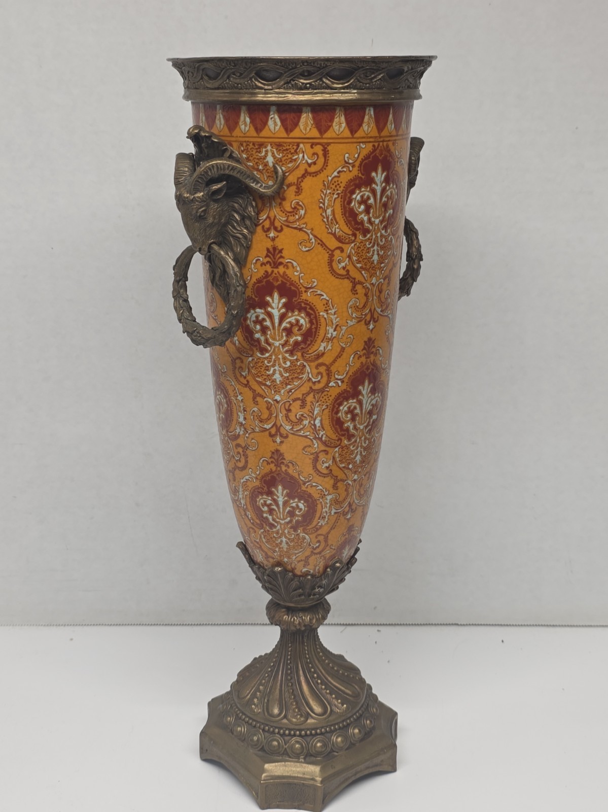 Rare Goat Head 16” Wong Lee Bronze Mounted Red & Orange Damask Porcelain Vase Rare Goat Head 16” Wong Lee Bronze Mounted Red & Orange Damask Porcelain Vase