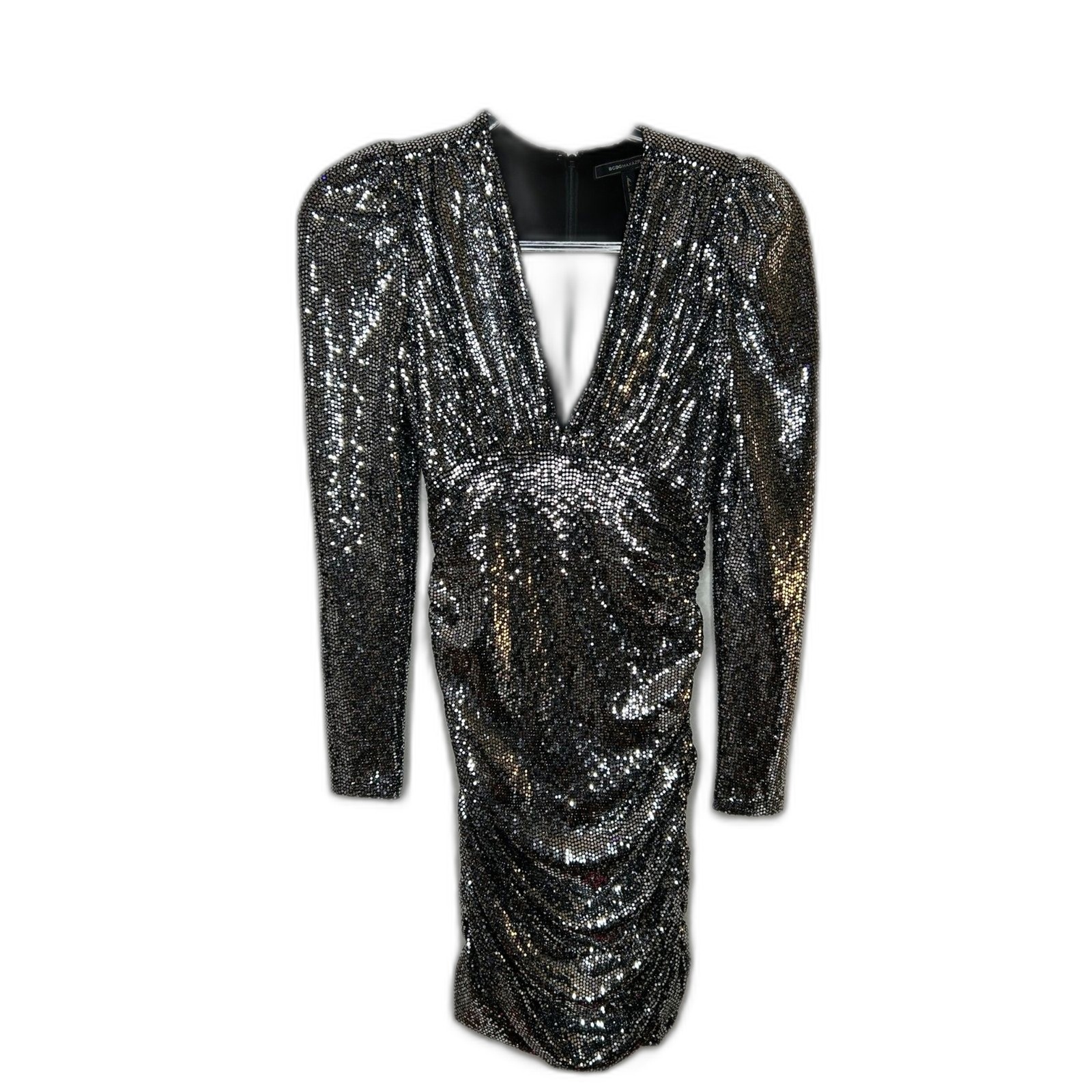 BCBG Silver Sequin Bodycon Cocktail Dress Puff Sleeve Mini Size XS New BCBG Silver Sequin Bodycon Cocktail Dress Puff Sleeve Mini Size XS New