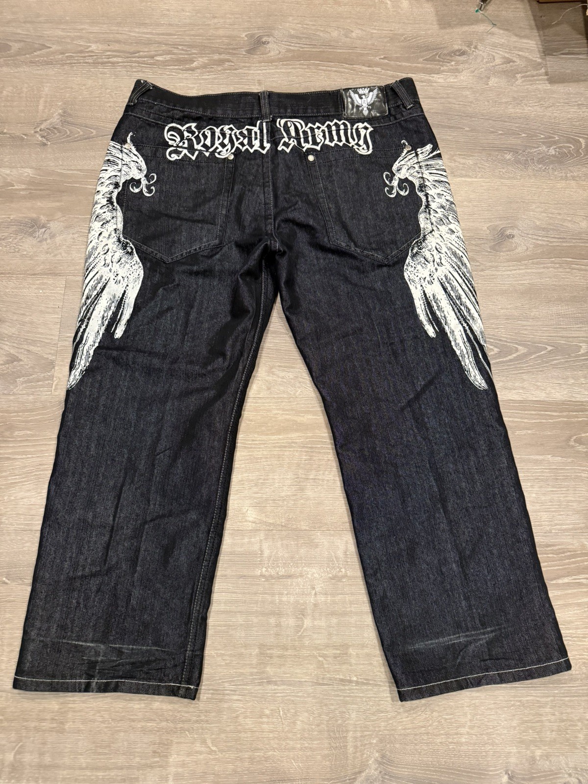Y2K Rare Vintage Royal Army Embroidered Jeans 44-32 Black White Wings