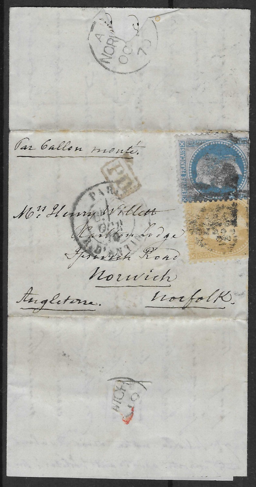France 1870 Cover to Norfolk, England Par Ballon Monte Oct/1870