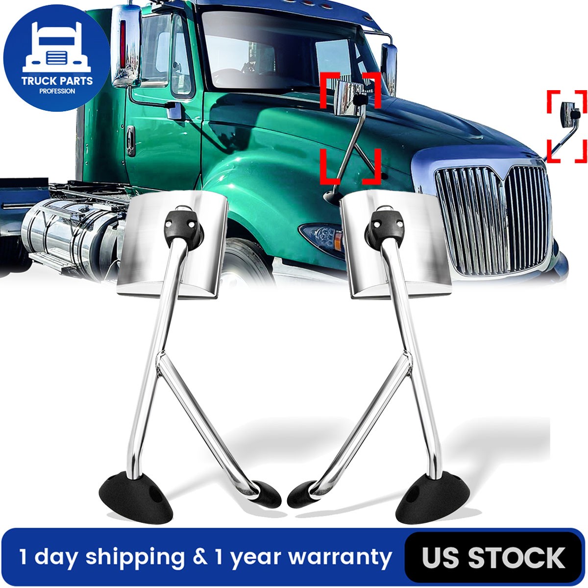 2PCS Chrome Hood Mirror w/Arm Pair For International Prostar Left and Right Side