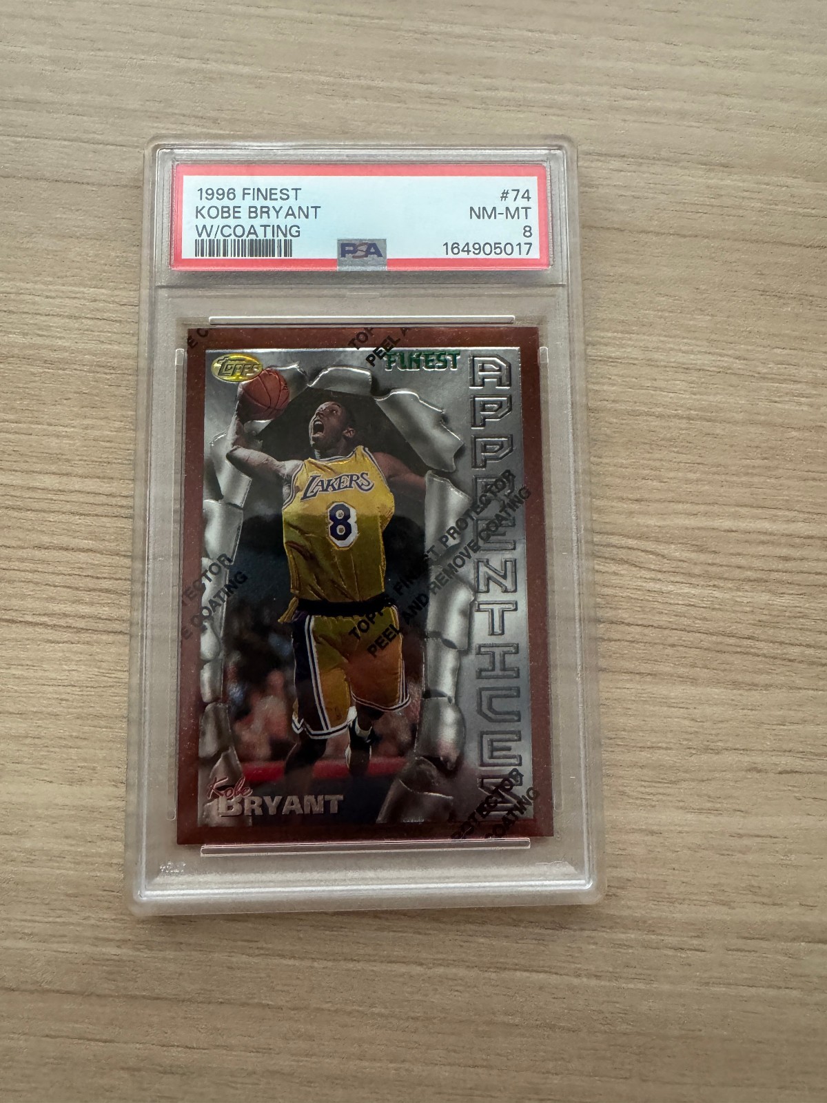 Kobe Bryant 1996-97 Topps Finest #74 w/ Coating Rookie RC Lakers HOF PSA 8 Kobe Bryant 1996-97 Topps Finest #74 w/ Coating Rookie RC Lakers HOF PSA 8