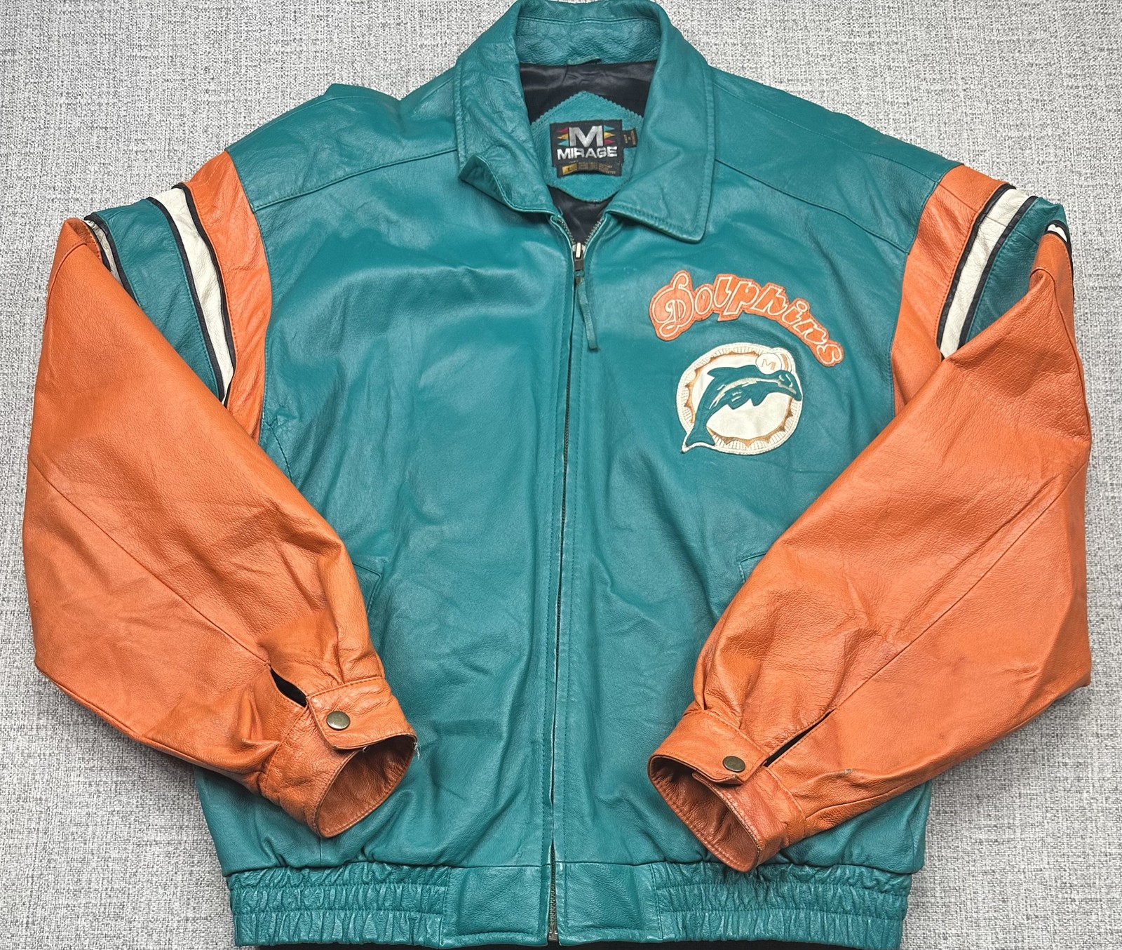 Vintage Miami Dolphins Jacket Large 100% Leather Mirage 90s 22.5 x 27 Bomber