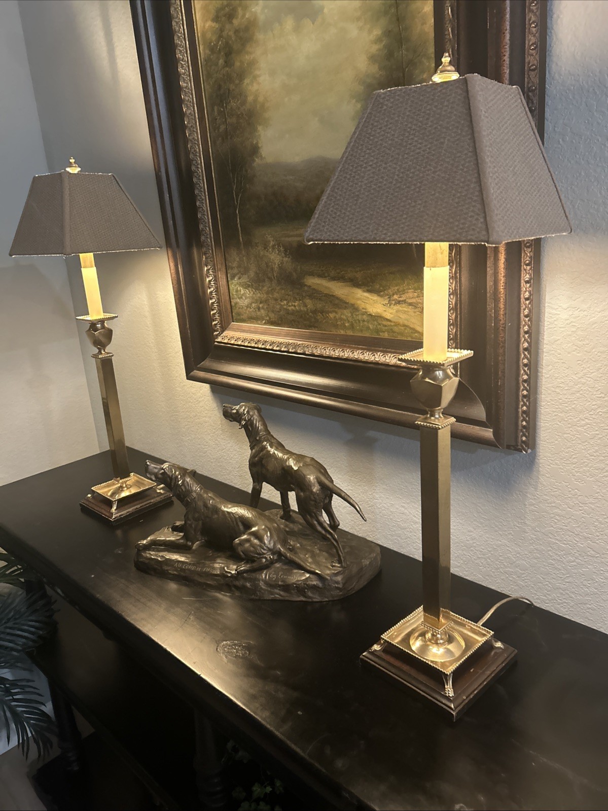 Pair of Vintage Frederick Cooper Solid Brass Candlestick Lamps with Shades 28”