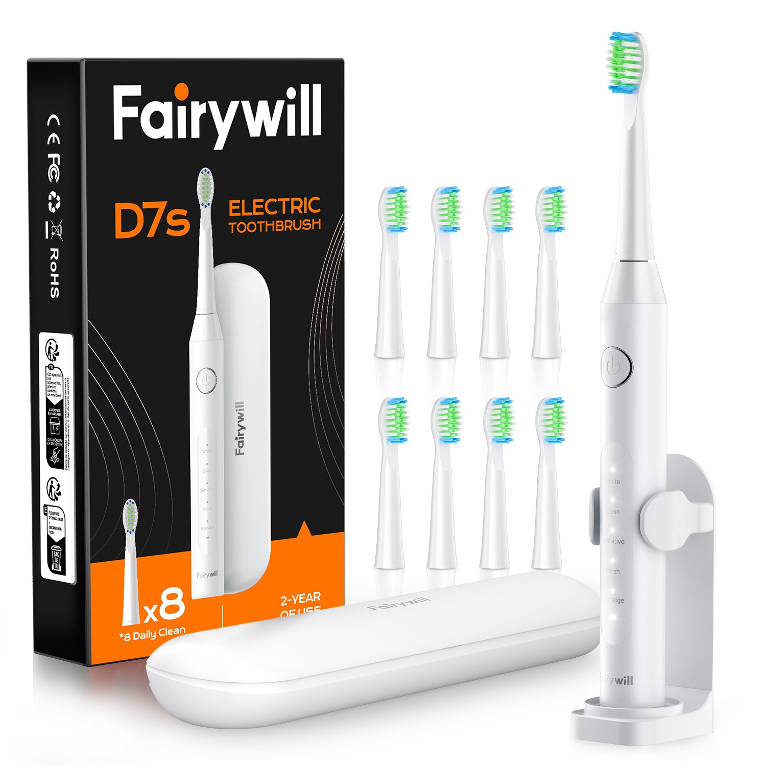 Fairywill Sonic Rechargeable Electric Toothbrush 8 Brush Head 5 Mode Travel Case