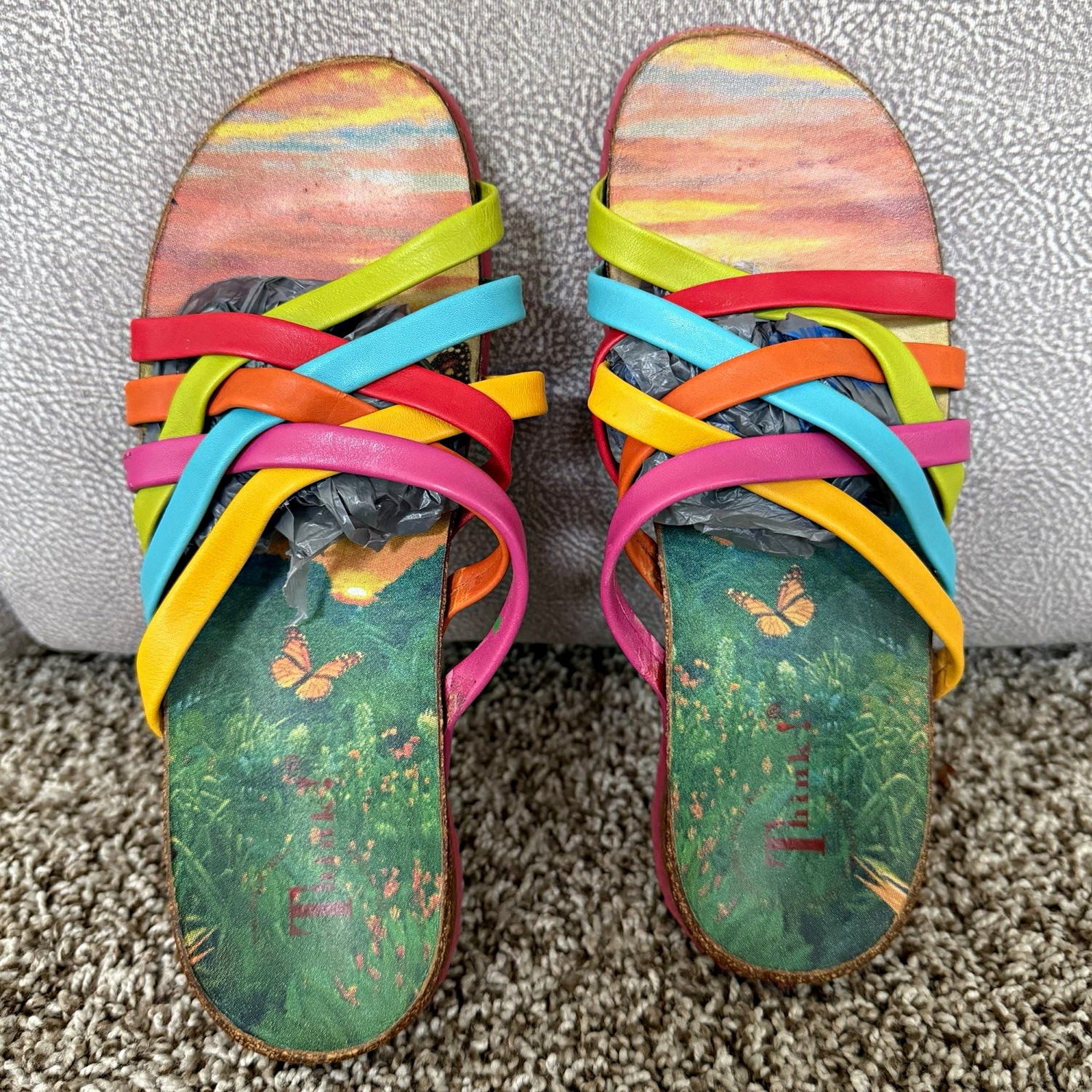 Think Womens Multicolor Floral Strappy Slip-On Flat Sandals EU 38