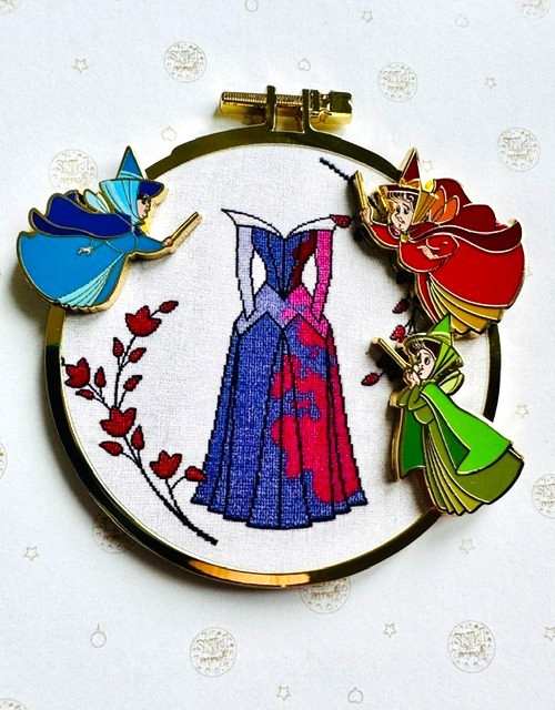 Disney PALM Sidekicks Cross Stitch Jumbo Pin Flora, Fauna & Merryweather LE 500 Disney PALM Sidekicks Cross Stitch Jumbo Pin Flora, Fauna & Merryweather LE 500