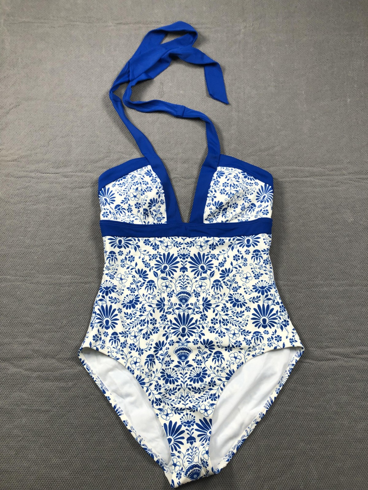 Boden Swimsuit Womens 8 Blue Floral Halter One Piece Triangle Lined Stretch NWT