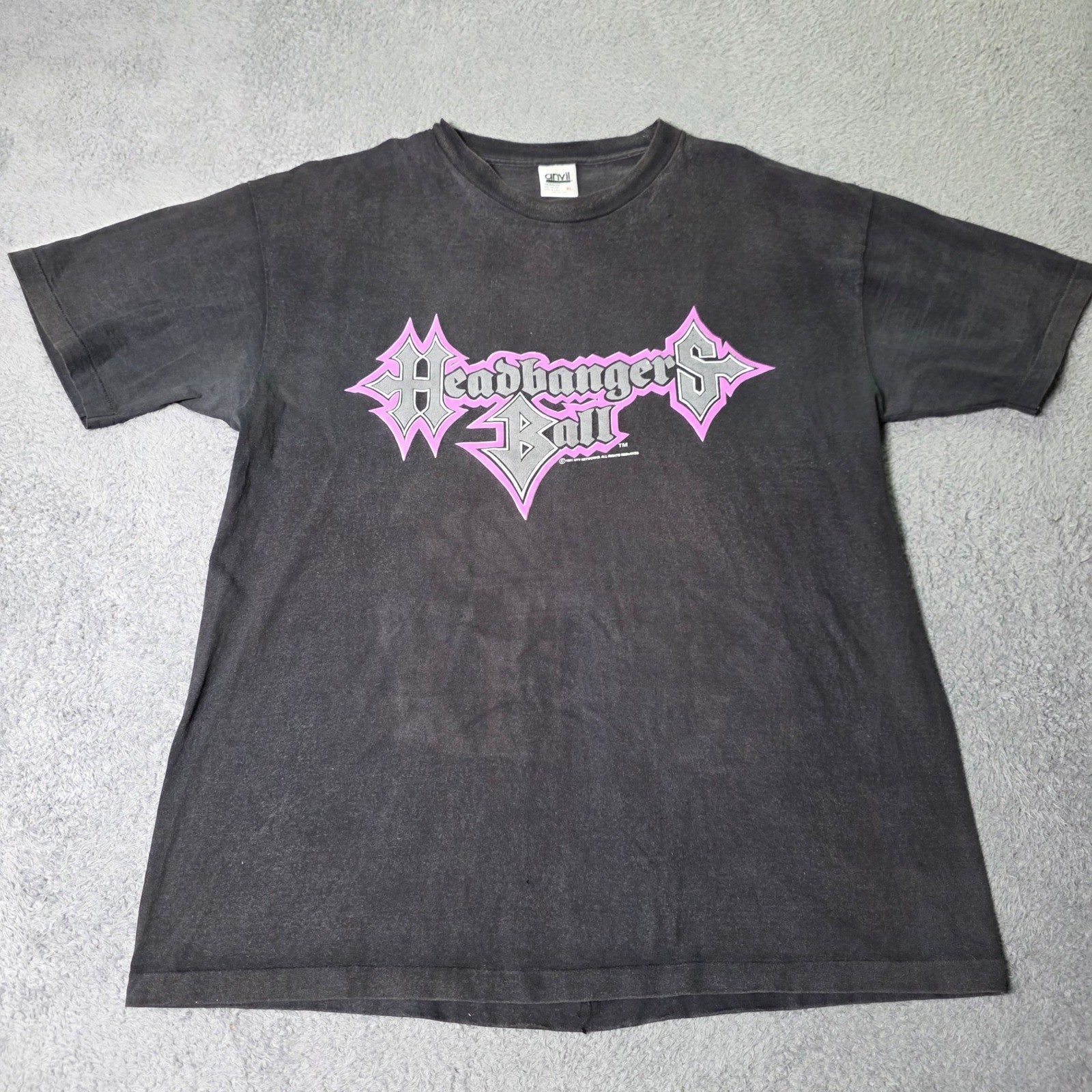 Anvil Mens XL T-Shirt Black Vintage 1991 MTV Headbangers Ball Graphic Tee