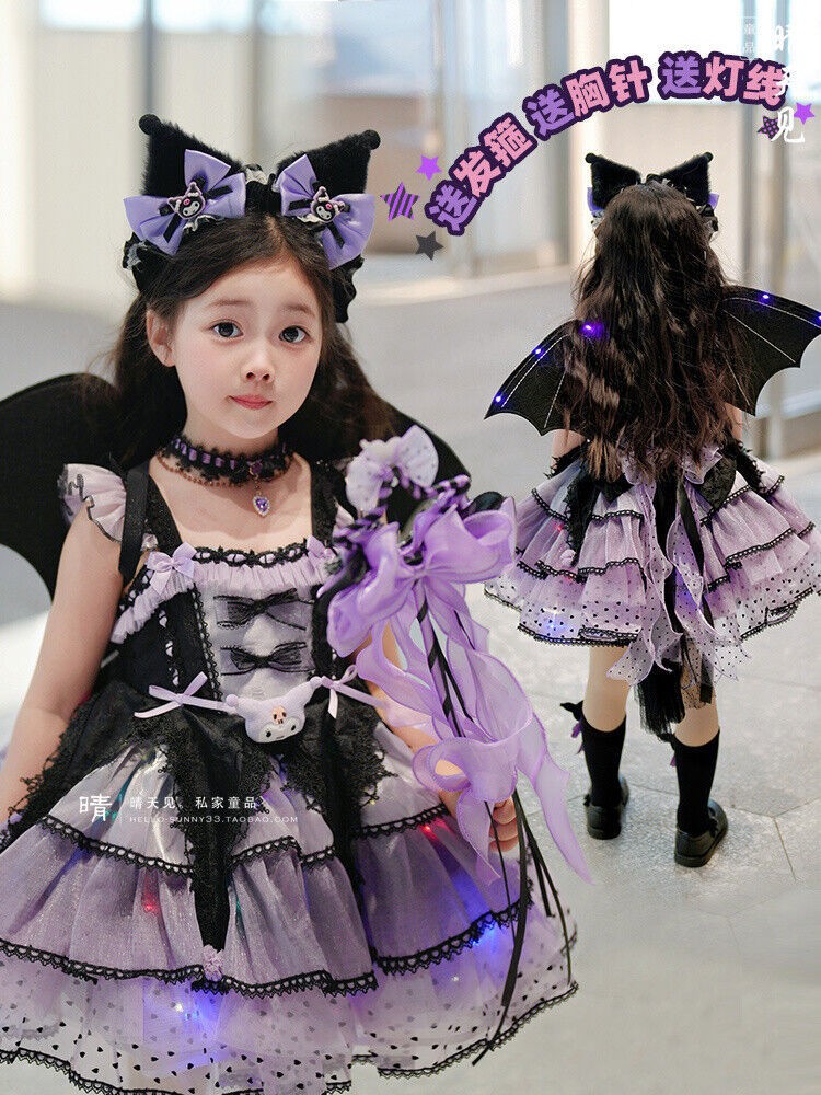 Cute Kuromi Girl Princess Dress Kawaii Kids Cosplay Costume Halloween Lace Dress