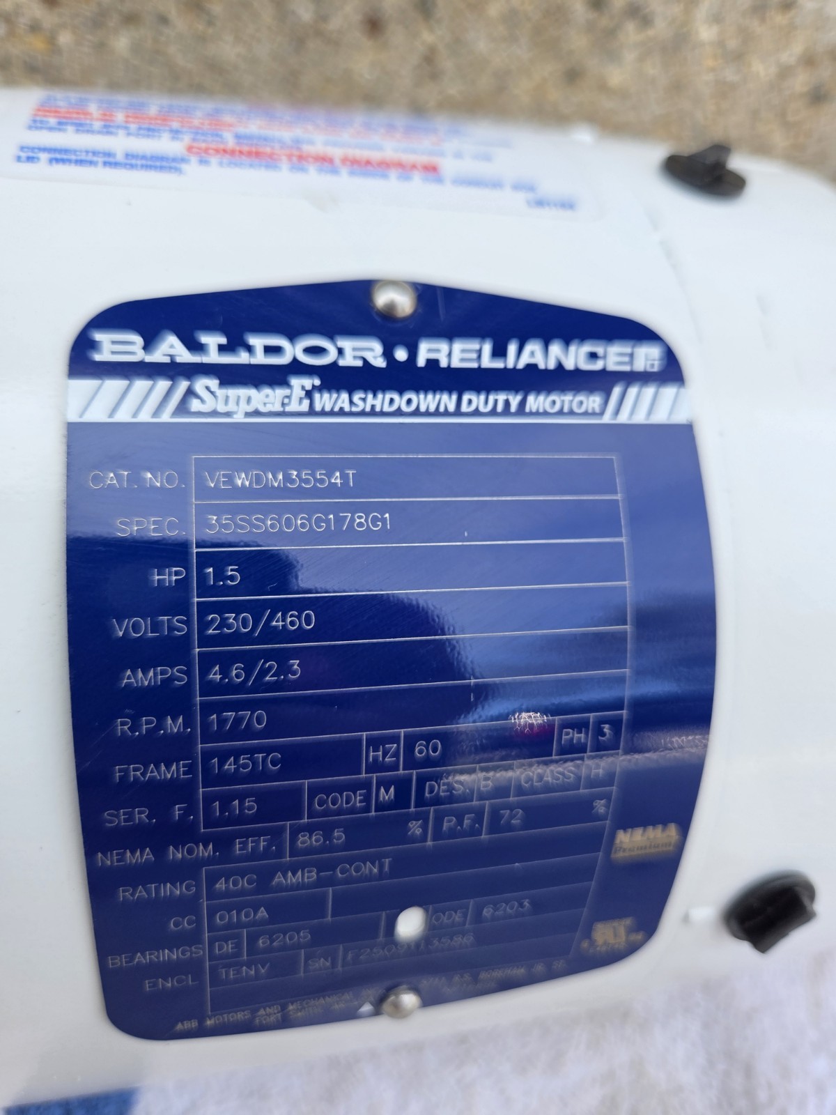 Baldor VEWDM3554T Washdown Duty Motor 1.5hp 1770rpm 145TC *Scratch Special* Baldor VEWDM3554T Washdown Duty Motor 1.5hp 1770rpm 145TC *Scratch Special*