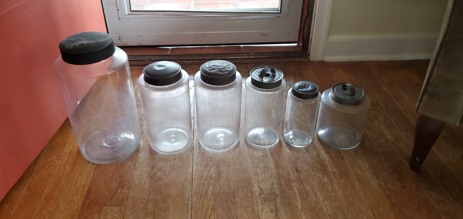 Set of 12 Antique Blown Glass Apothecary Jars Tin Lids w Set of 12 Antique Blown Glass Apothecary Jars Tin Lids w